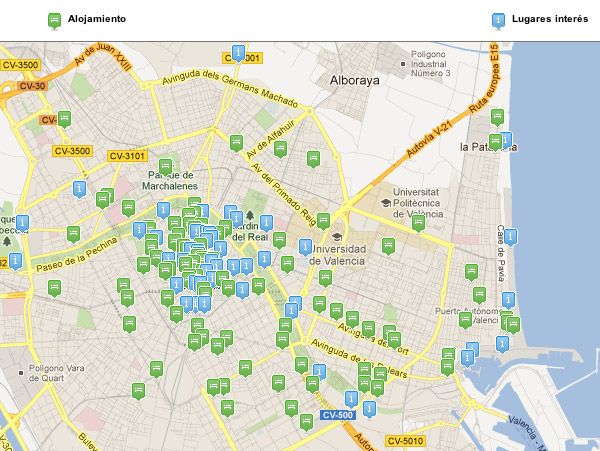 Detalle del mapa con los hoteles Detalle del mapa con los hoteles